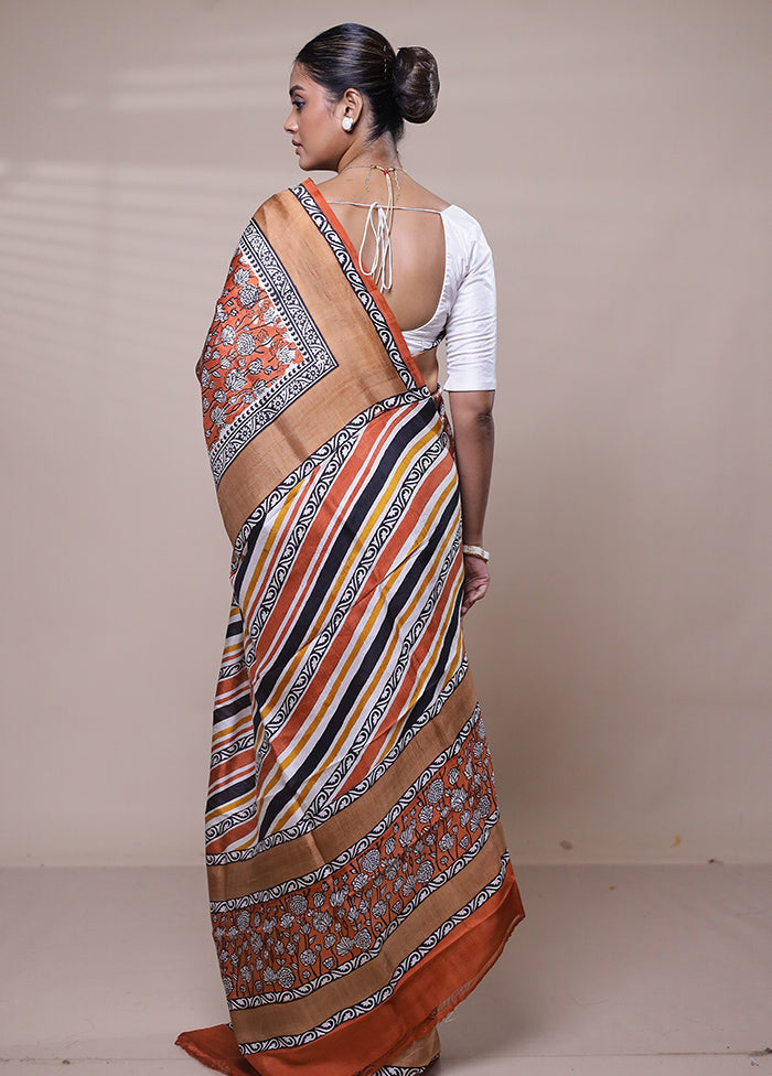 Orange Printed Pure Silk Saree Without Blouse Piece