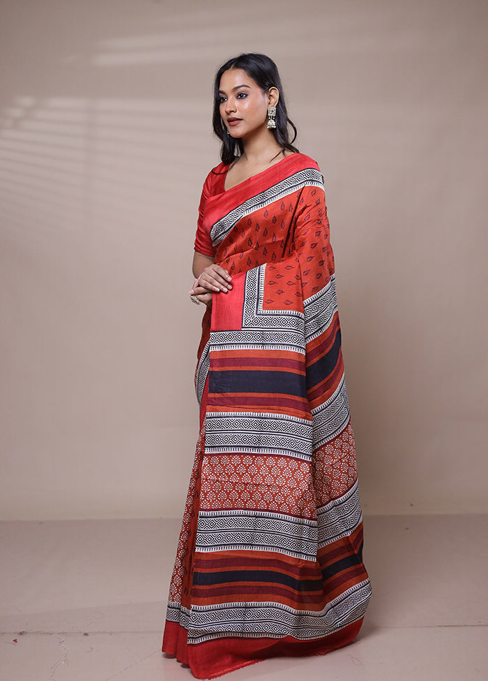 Red Printed Pure Silk Saree Without Blouse Piece