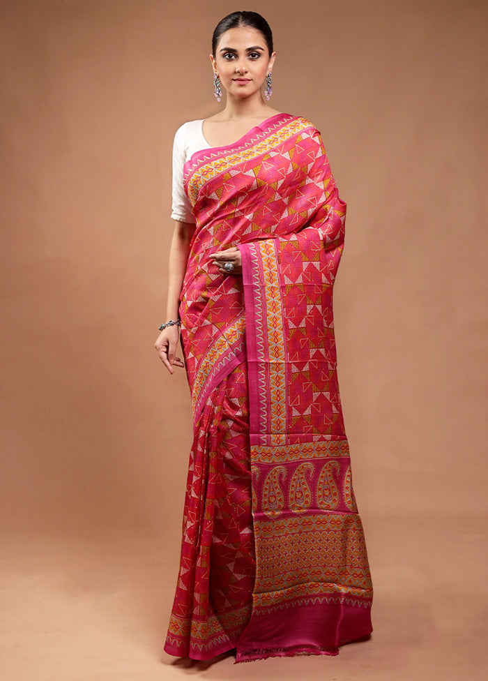 Pink Printed Pure Silk Saree Without Blouse Piece