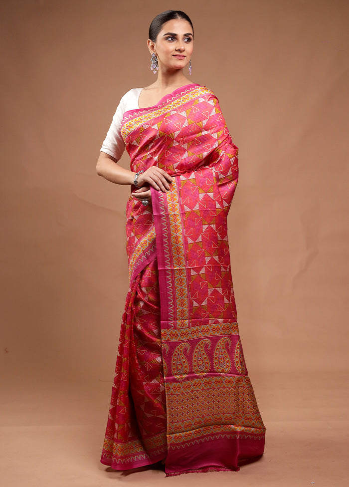 Pink Printed Pure Silk Saree Without Blouse Piece