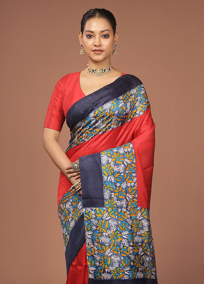 Red Printed Pure Silk Saree With Blouse Piece