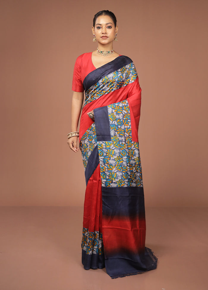 Red Printed Pure Silk Saree With Blouse Piece