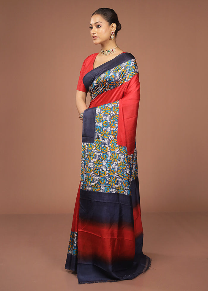 Red Printed Pure Silk Saree With Blouse Piece