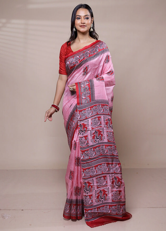 Pink Printed Pure Silk Saree Without Blouse Piece