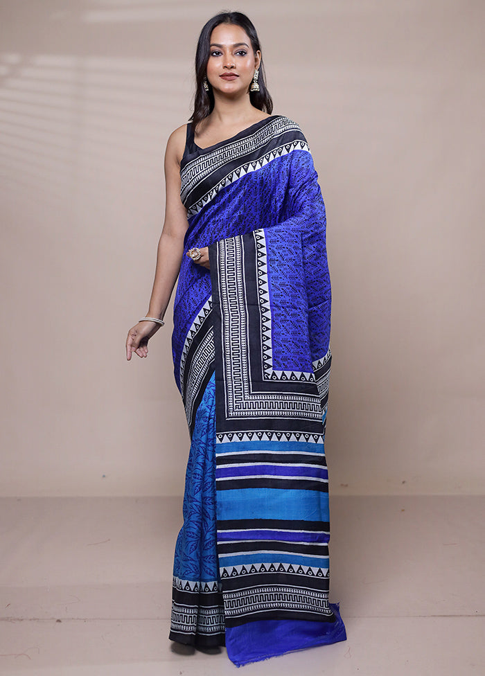 Blue Printed Pure Silk Saree Without Blouse Piece