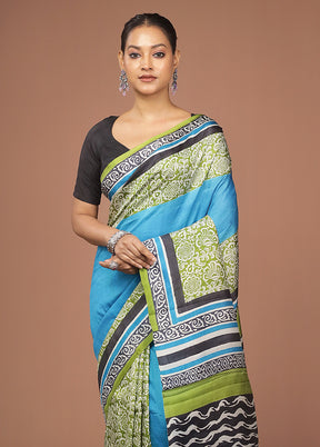 Blue Printed Pure Silk Saree With Blouse Piece