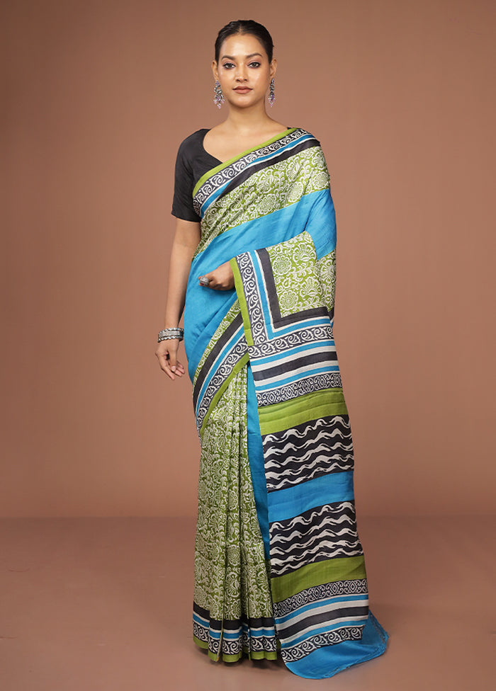 Blue Printed Pure Silk Saree With Blouse Piece