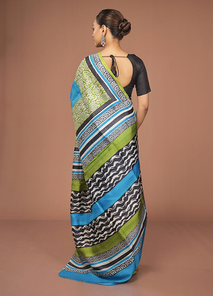 Blue Printed Pure Silk Saree With Blouse Piece