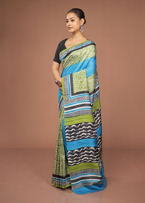 Blue Printed Pure Silk Saree With Blouse Piece