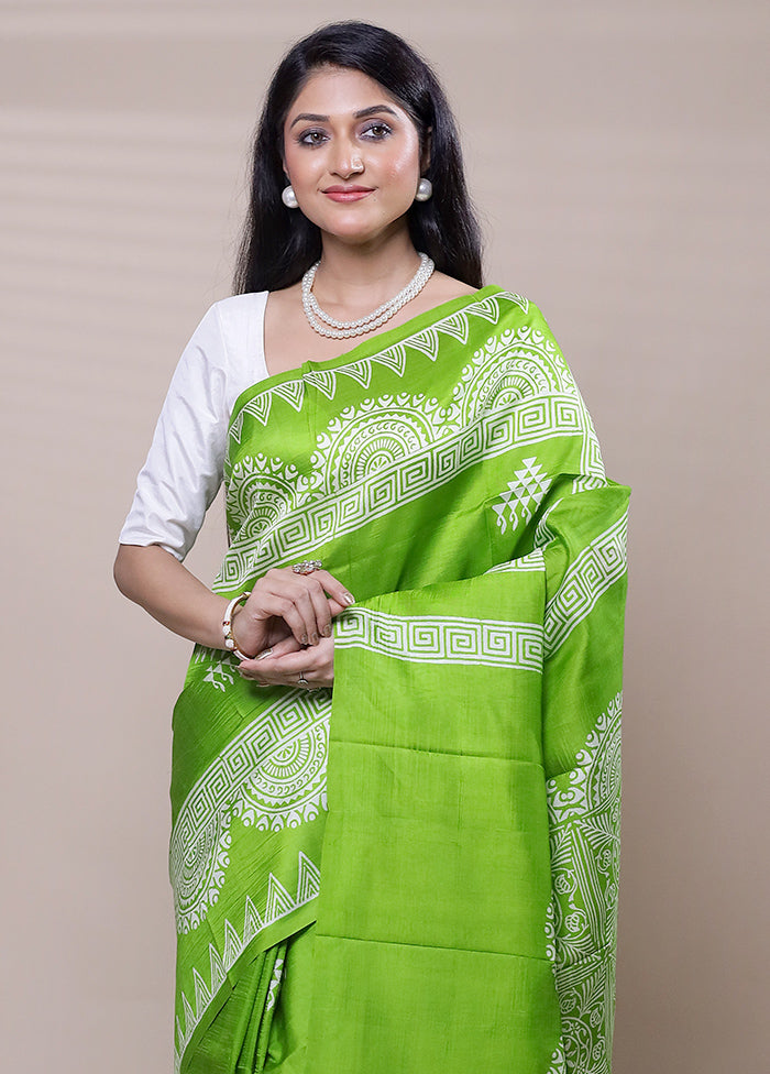 Green Printed Pure Silk Saree Without Blouse Piece