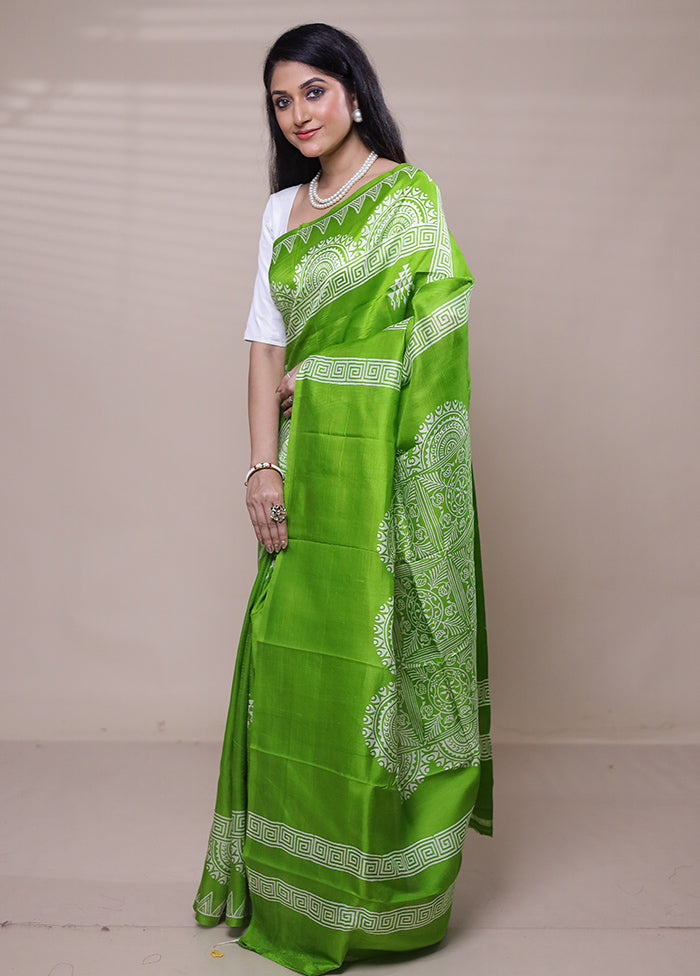 Green Printed Pure Silk Saree Without Blouse Piece