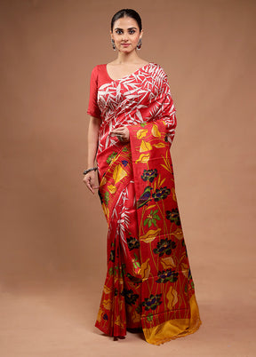 Red Printed Pure Silk Saree Without Blouse Piece