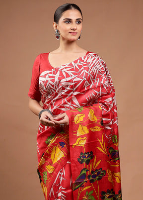 Red Printed Pure Silk Saree Without Blouse Piece