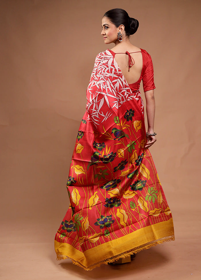 Red Printed Pure Silk Saree Without Blouse Piece