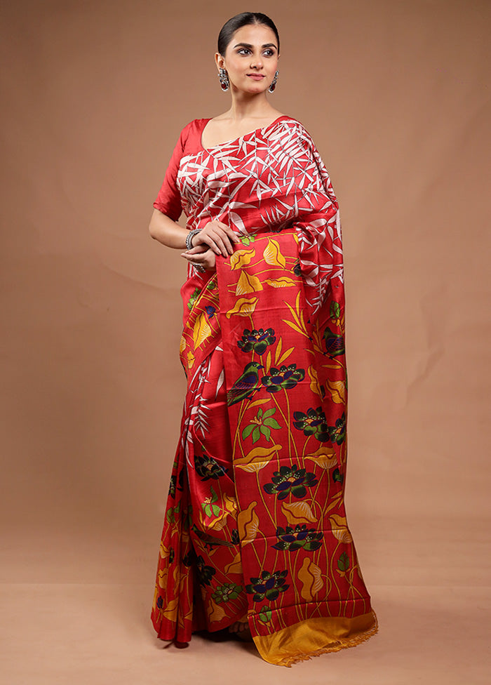 Red Printed Pure Silk Saree Without Blouse Piece