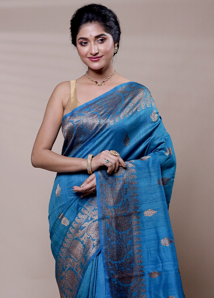 Blue Handloom Tussar Pure Silk Saree With Blouse Piece