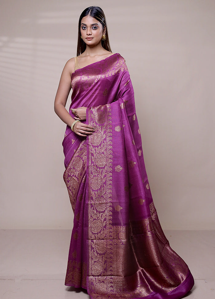 Purple Handloom Tussar Pure Silk Saree With Blouse Piece