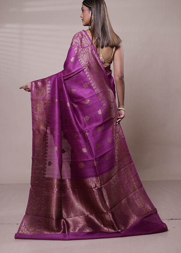 Purple Handloom Tussar Pure Silk Saree With Blouse Piece