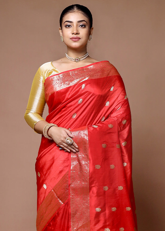 Red Handloom Katan Pure Silk Saree With Blouse Piece