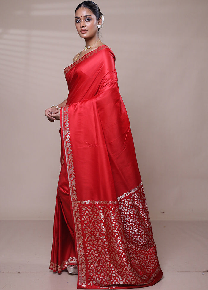 Red Banarasi Silk Saree With Blouse Piece