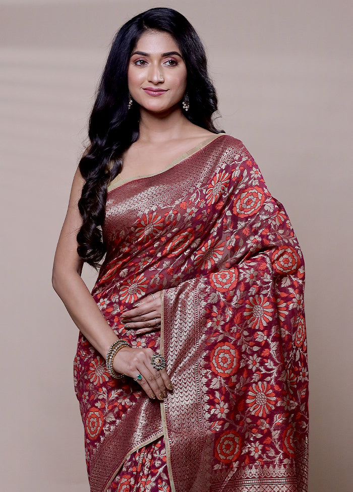 Maroon Kora Silk Saree With Blouse Piece