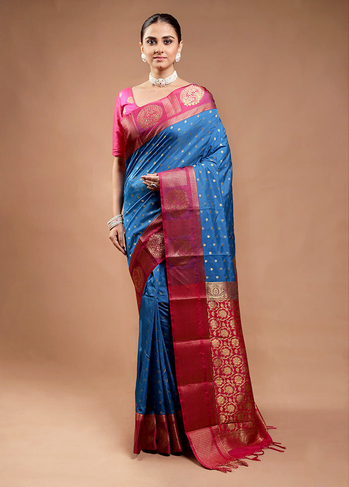 Blue Kanjivaram Silk Saree With Blouse Piece