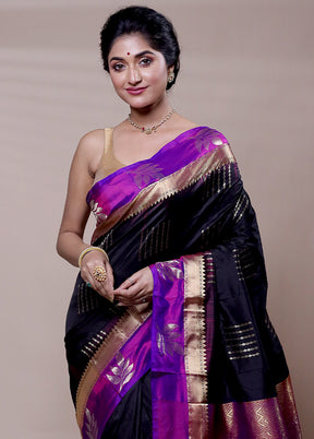 Black Handloom Kanjivaram Pure Silk Saree With Blouse Piece