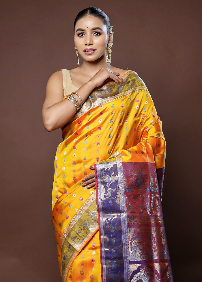 Yellow Handloom Baluchari Pure Silk Saree With Blouse Piece