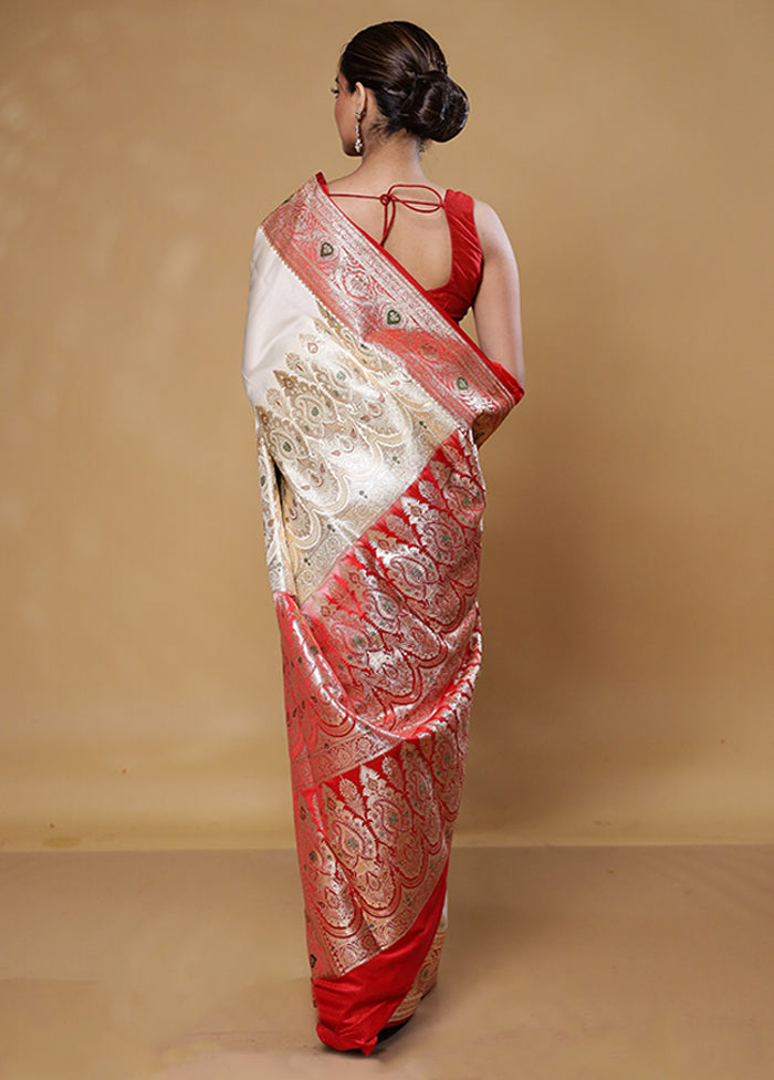 Cream Banarasi Silk Saree With Blouse Piece