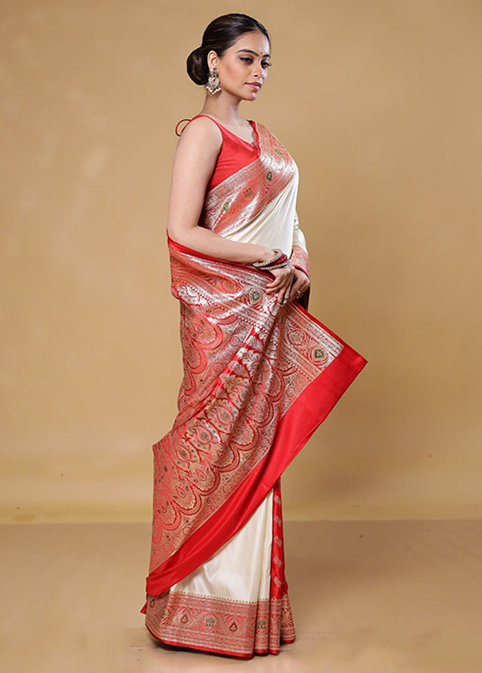 Cream Banarasi Silk Saree With Blouse Piece