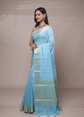 Blue Cotton Saree With Blouse Piece