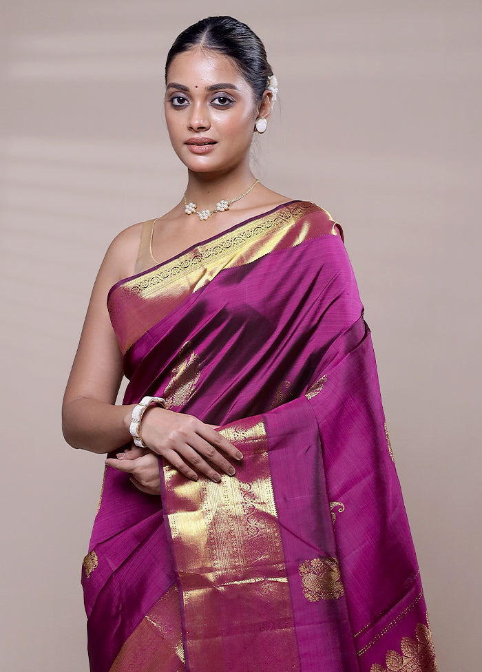 Purple Handloom Kanchipuram Pure Silk Saree With Blouse Piece