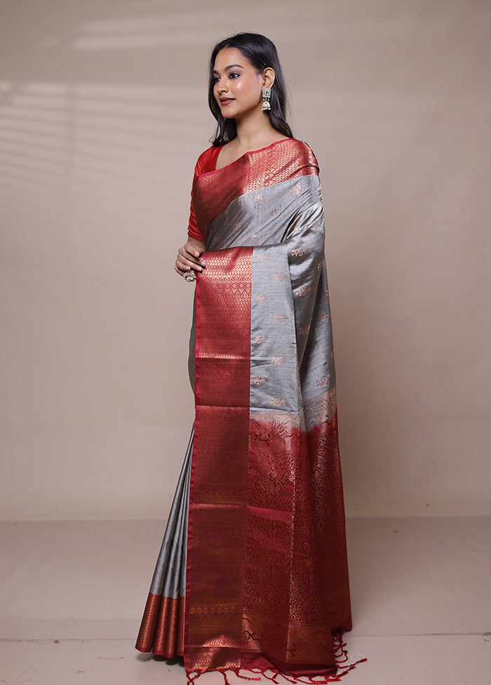 Grey Dupion Silk Saree With Blouse Piece