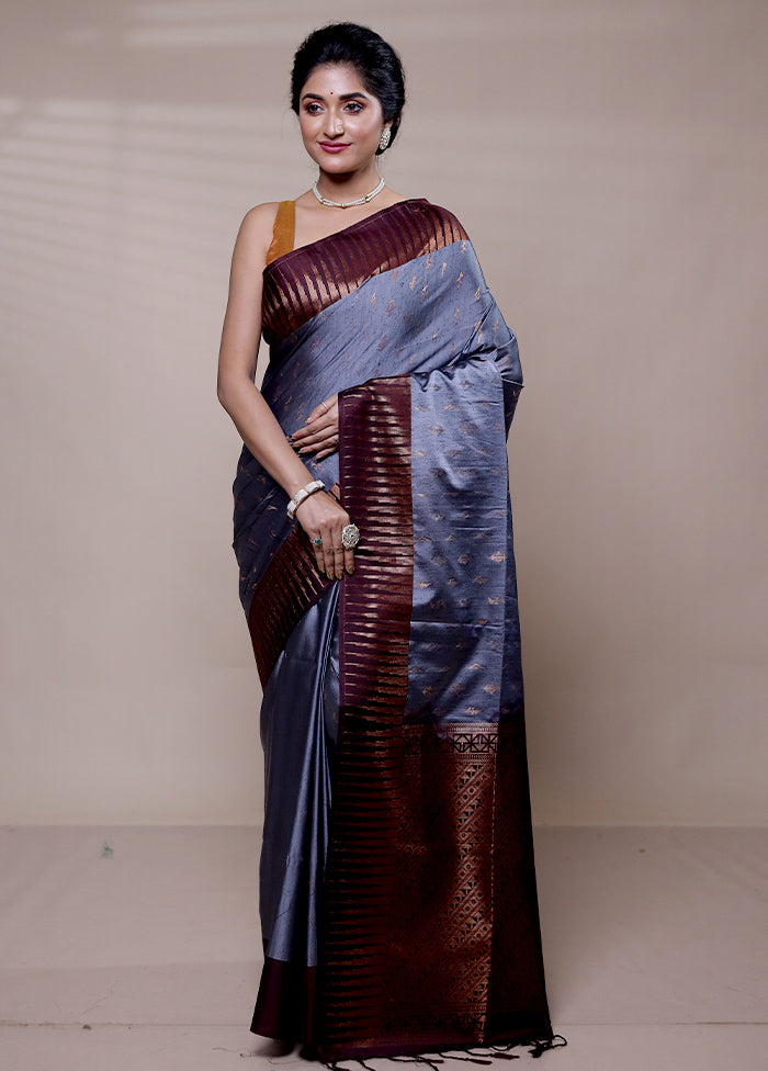 Grey Dupion Silk Saree With Blouse Piece