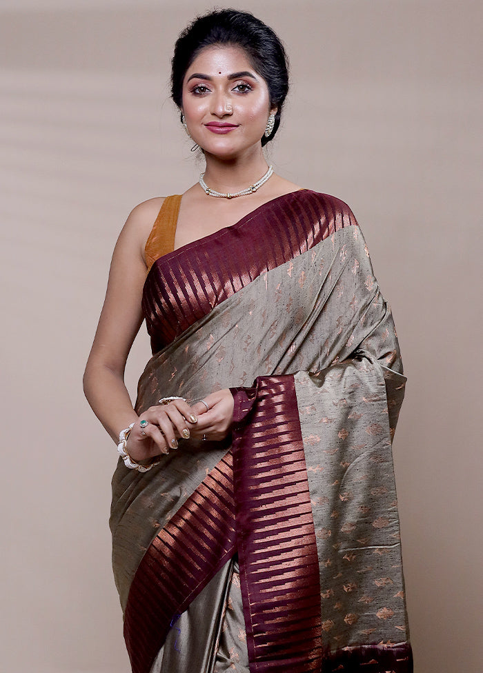 Grey Dupion Silk Saree With Blouse Piece