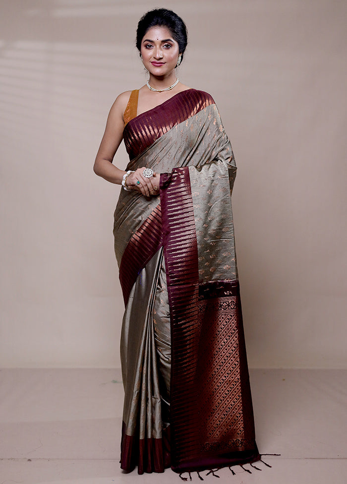 Grey Dupion Silk Saree With Blouse Piece