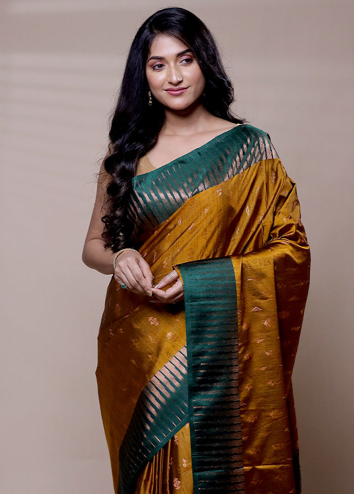 Yellow Dupion Silk Saree With Blouse Piece