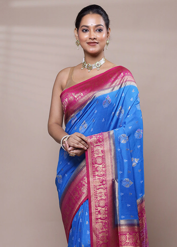 Blue Dupion Silk Saree With Blouse Piece