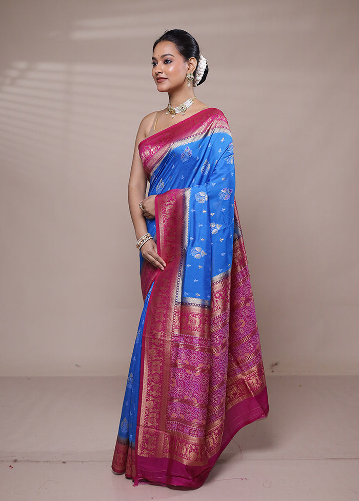 Blue Dupion Silk Saree With Blouse Piece