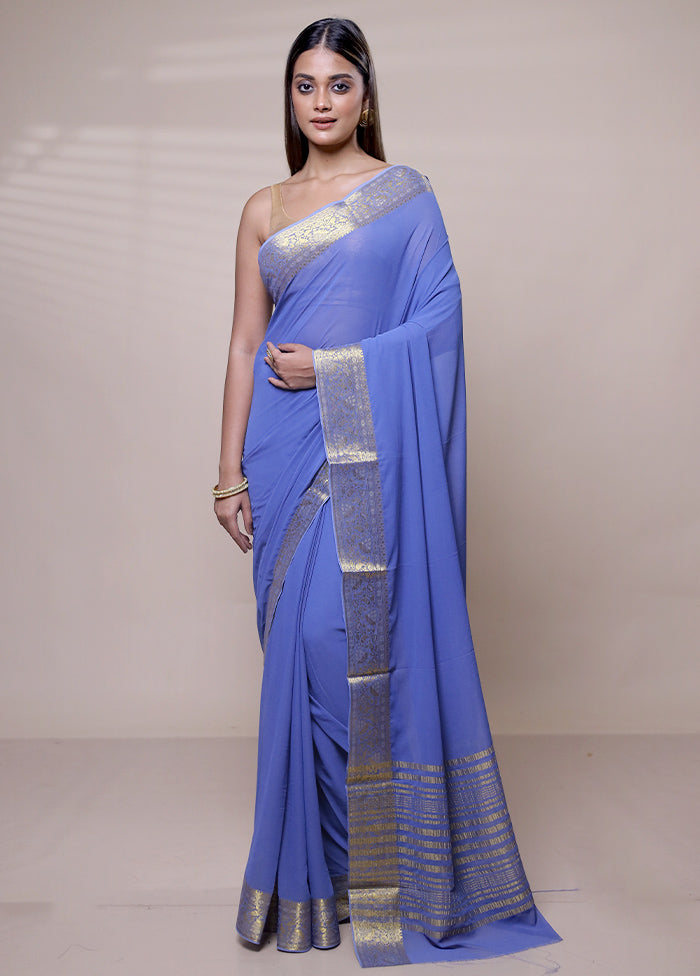 Blue Chiffon Silk Saree With Blouse Piece