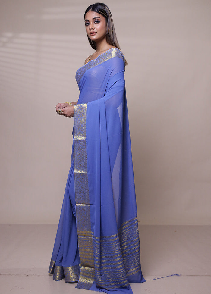 Blue Chiffon Silk Saree With Blouse Piece