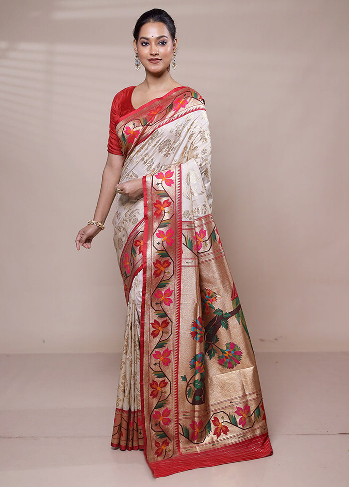 Cream Handloom Uppada Pure Silk Saree With Blouse Piece