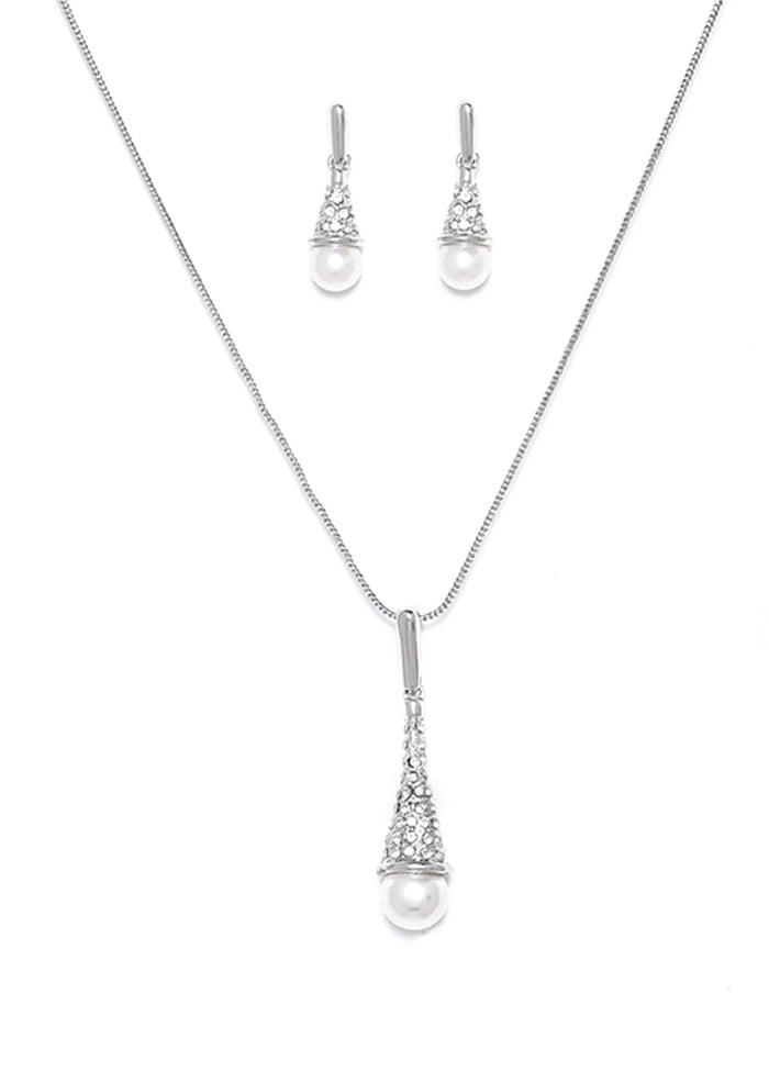 Rhodium Plated Radiance Pearl Drop Necklace Set - Indian Silk House Agencies