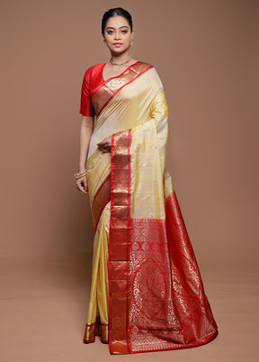 Cream Kanjivaram Silk Saree With Blouse Piece