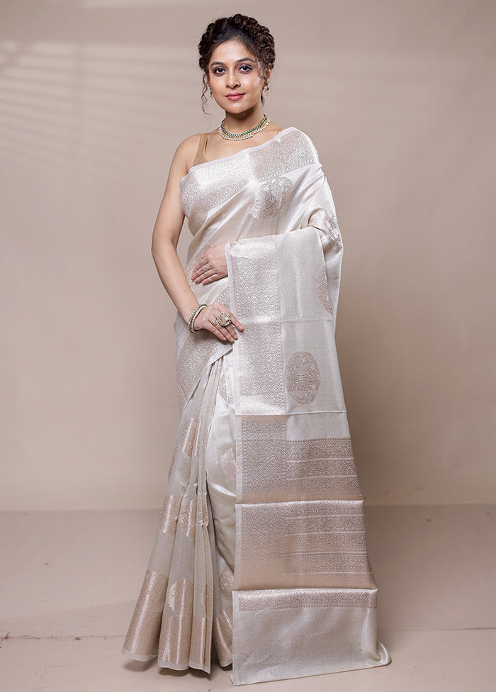 Cream Handloom Tissue Pure Silk Saree With Blouse Piece