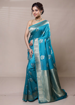 Blue Dupion Silk Saree With Blouse Piece