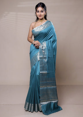 Blue Dupion Silk Saree With Blouse Piece