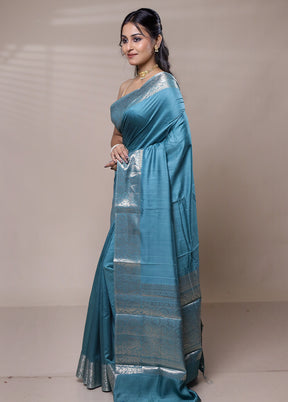 Blue Dupion Silk Saree With Blouse Piece