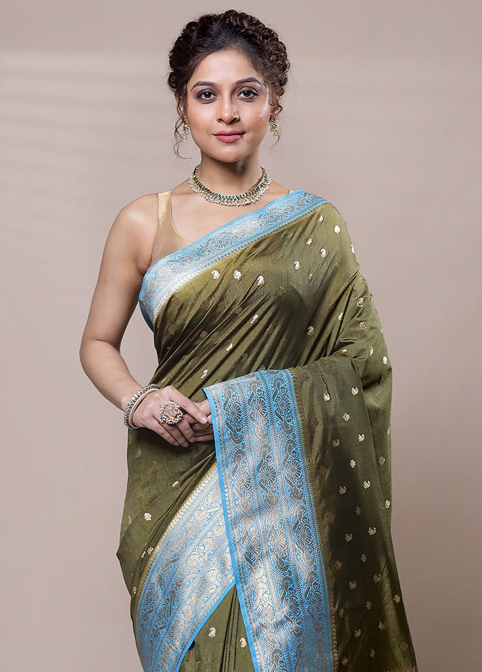 Green Dupion Silk Saree With Blouse Piece