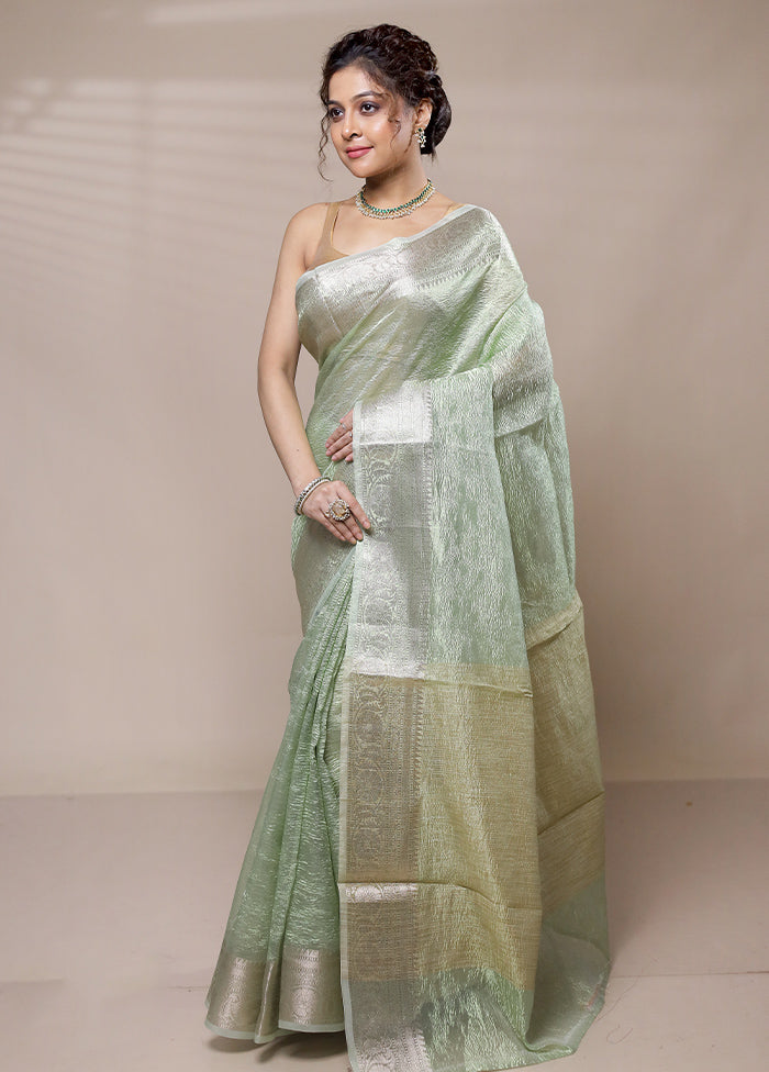 Green Crushed Silk Saree With Blouse Piece